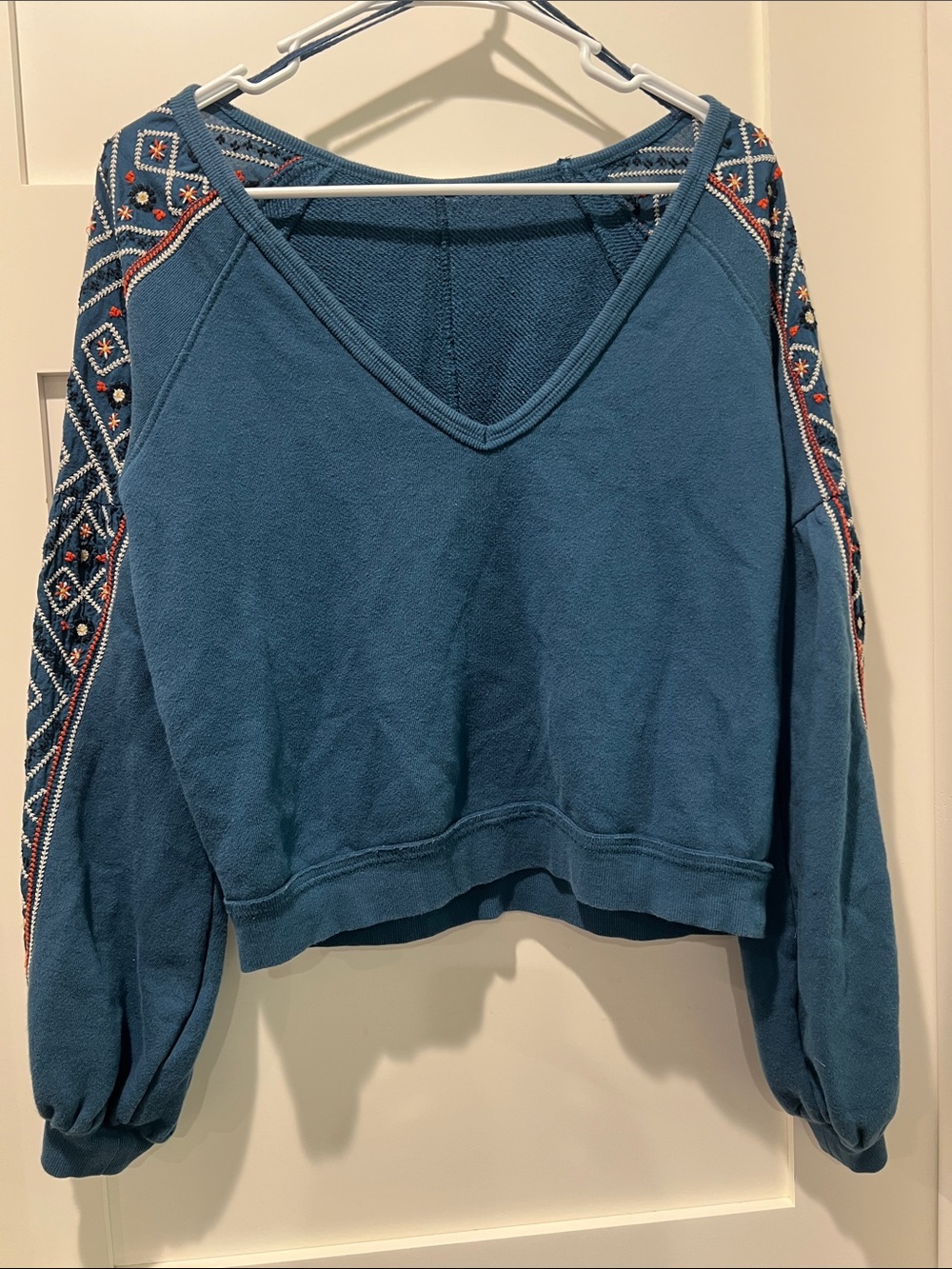 Free People Teal V-Neck Embroidered Sleeve Pullover